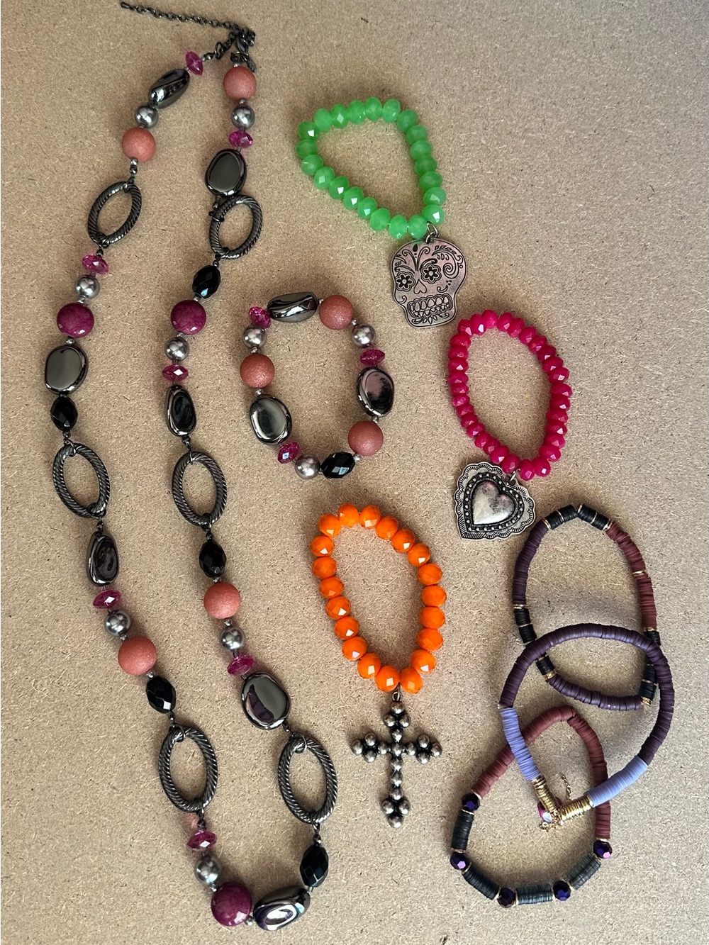 Assorted Women’s Beaded Bracelets in Green, Pink, Orange and Purple - No Brand